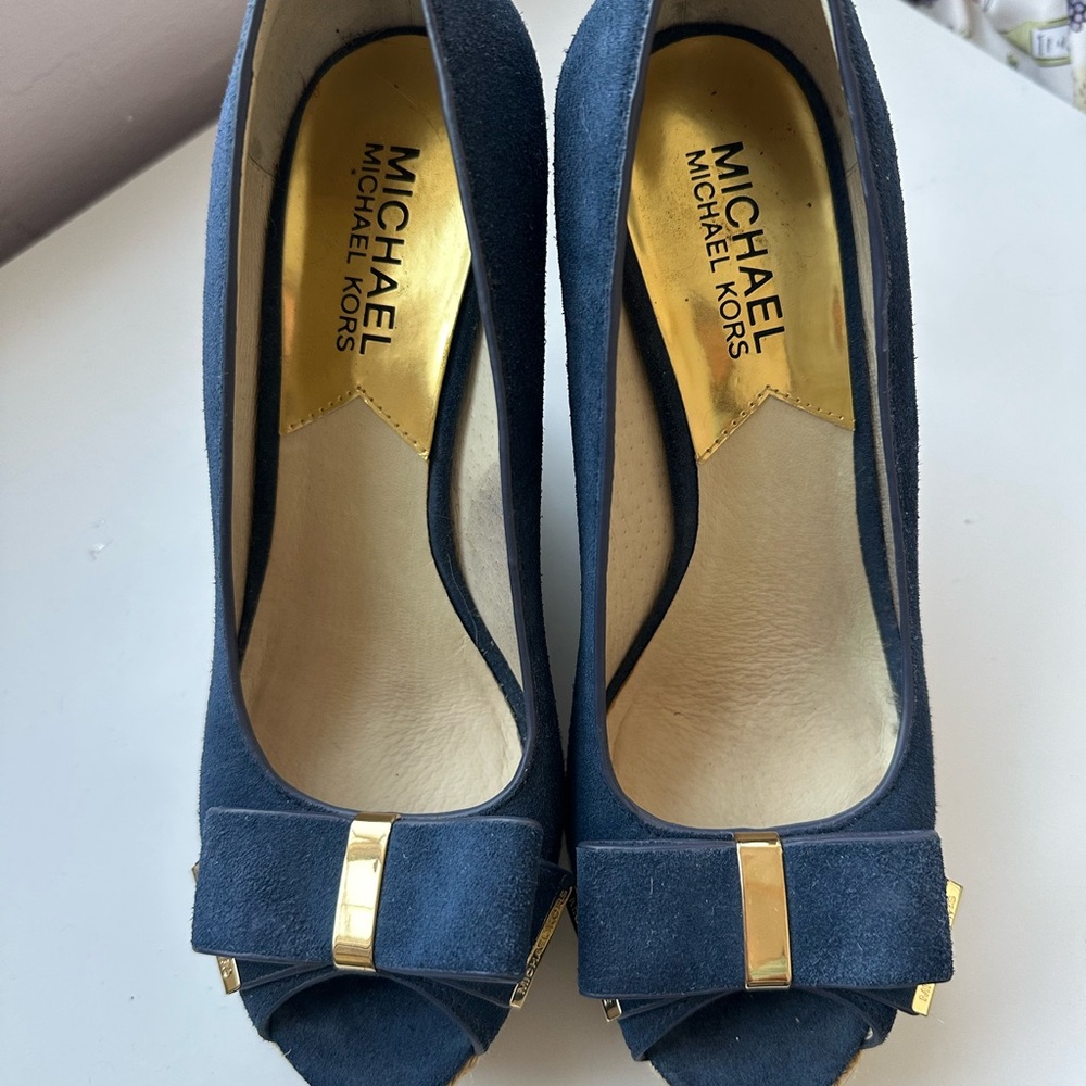 Michael Kors Dark Blue Peep Toe Heels with Gold Accents
